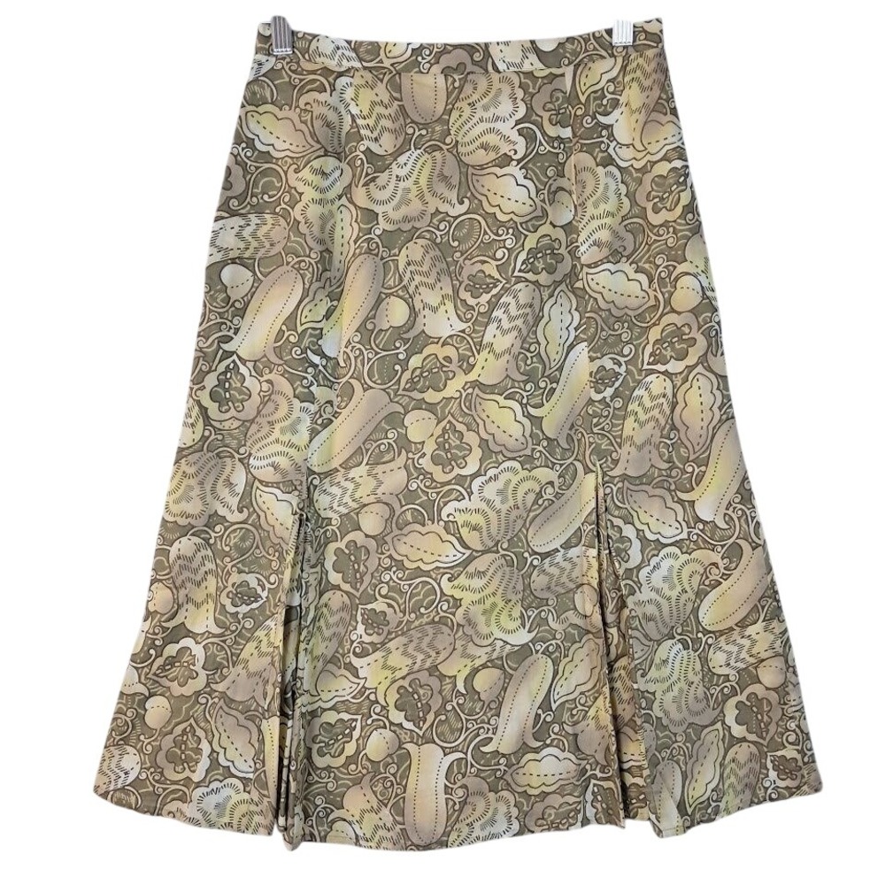 Vintage 90s J. JILL 2 A-Line Skirt Olive & Gold Floral Print Kick Pleats Midi